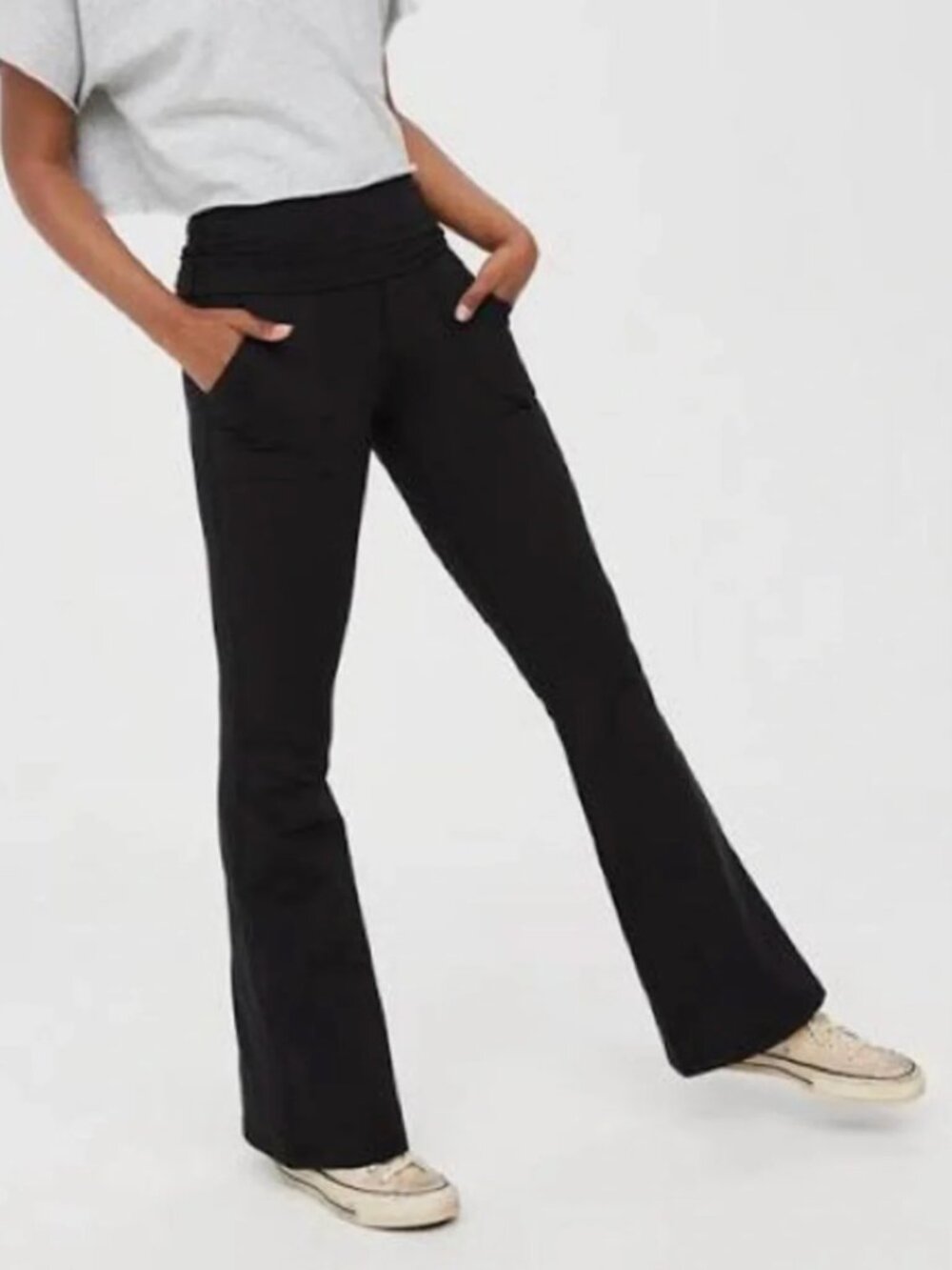 Offline Aerie Women's Black Fold-Over Waist Flare Stretchy Lounge Pants Medium
